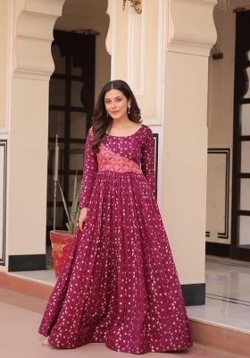 Maroon Woven Jacquard Gown