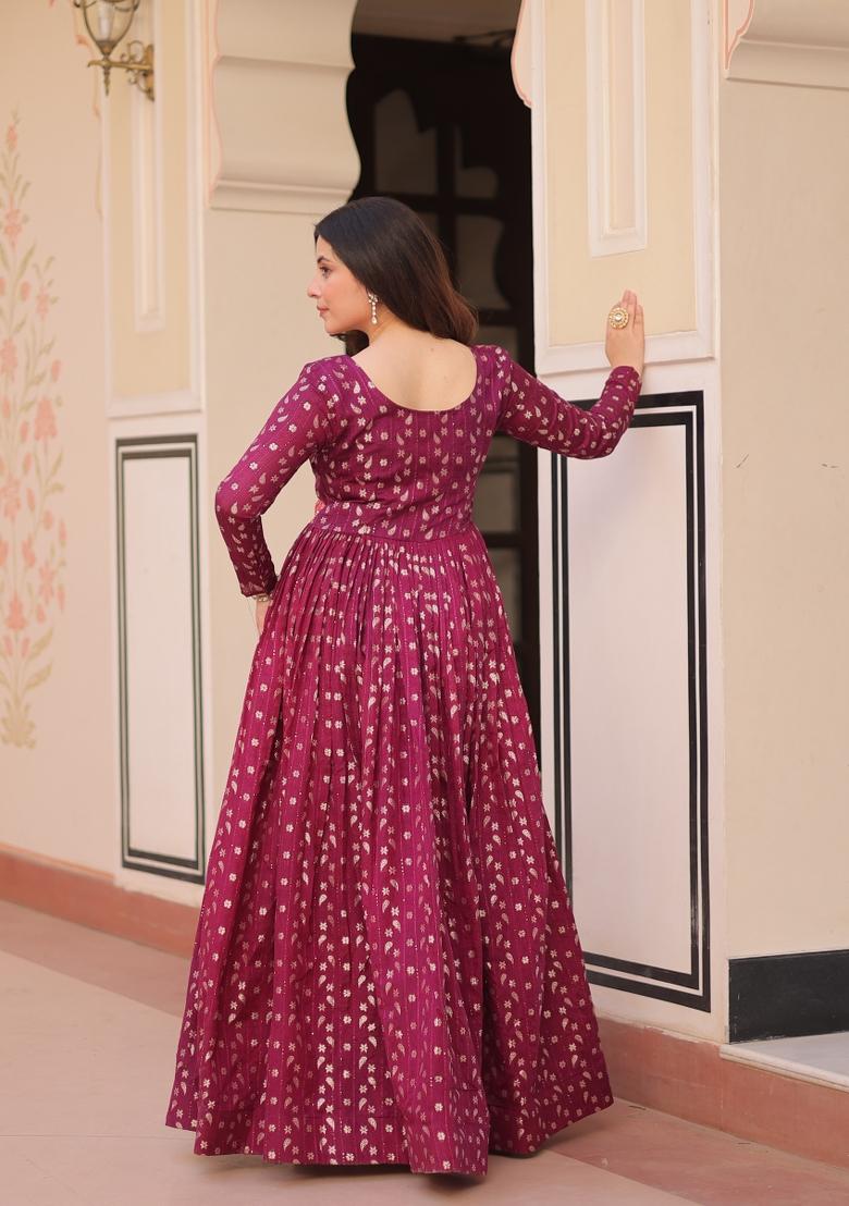 Maroon Woven Jacquard Gown