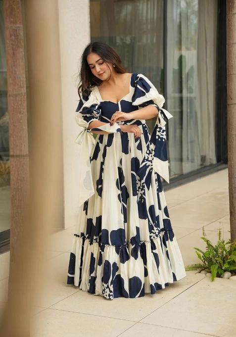 Blue Digital Print Cotton Gown