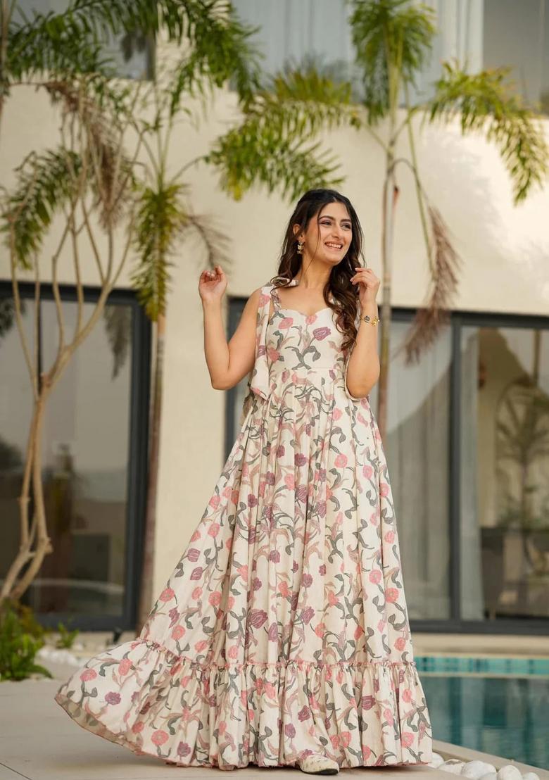 White Digital Print Cotton Gown