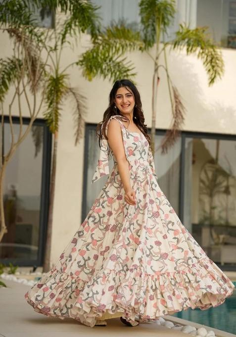 White Digital Print Cotton Gown
