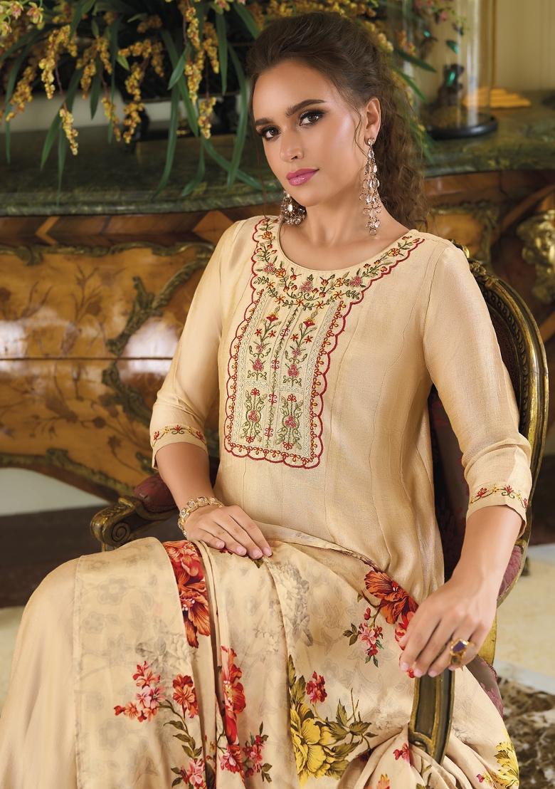 White Embroidered Vichitra Silk Salwar Kameez