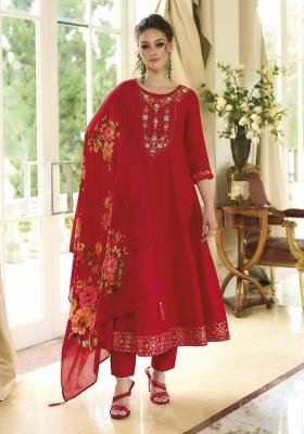 Red Embroidered Vichitra Silk Salwar Kameez