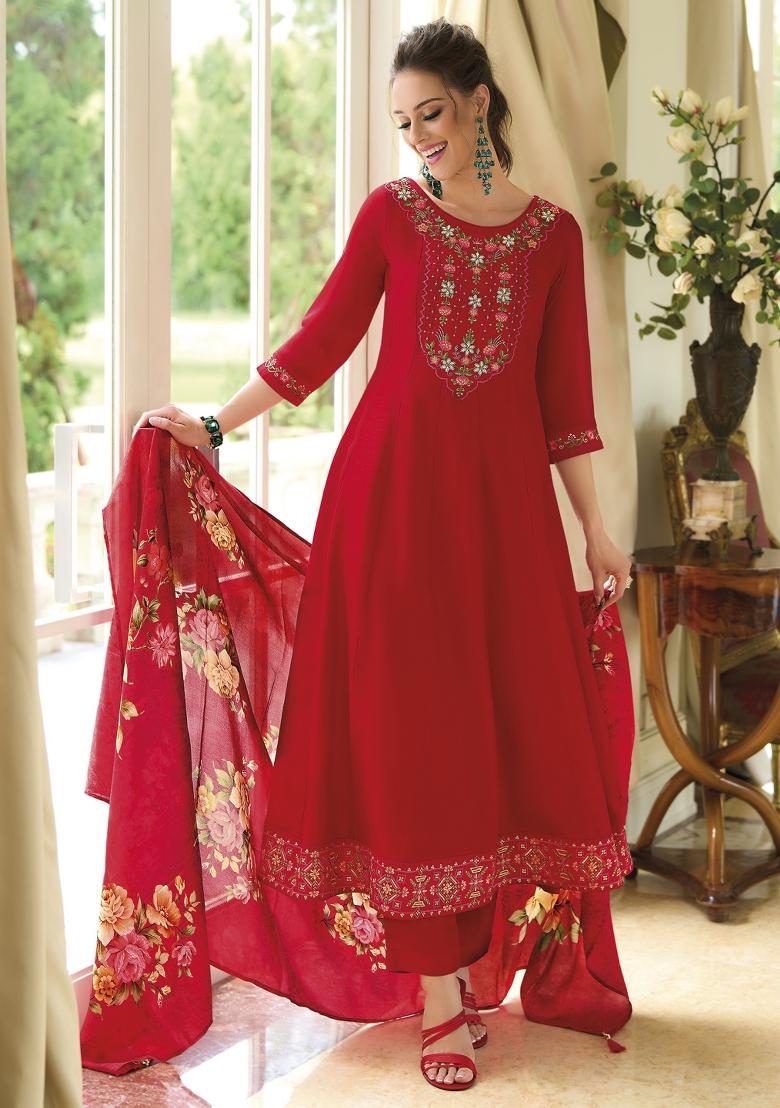Red Embroidered Vichitra Silk Salwar Kameez