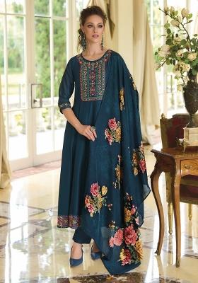 Teal Blue Embroidered Vichitra Silk Salwar Kameez