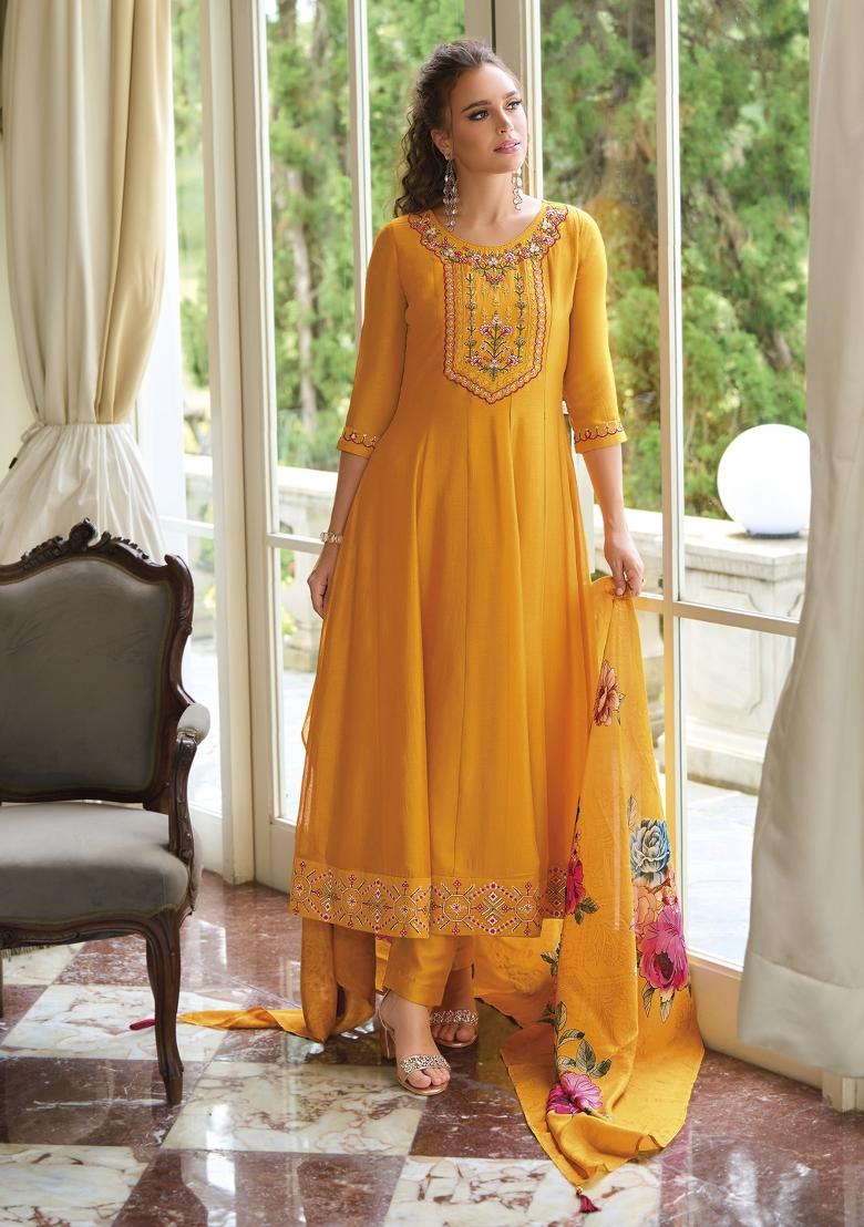 Yellow Embroidered Vichitra Silk Salwar Kameez