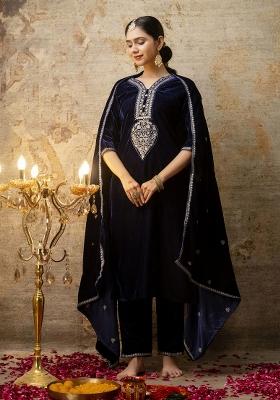 Blue Embroidered Velvet Salwar Kameez