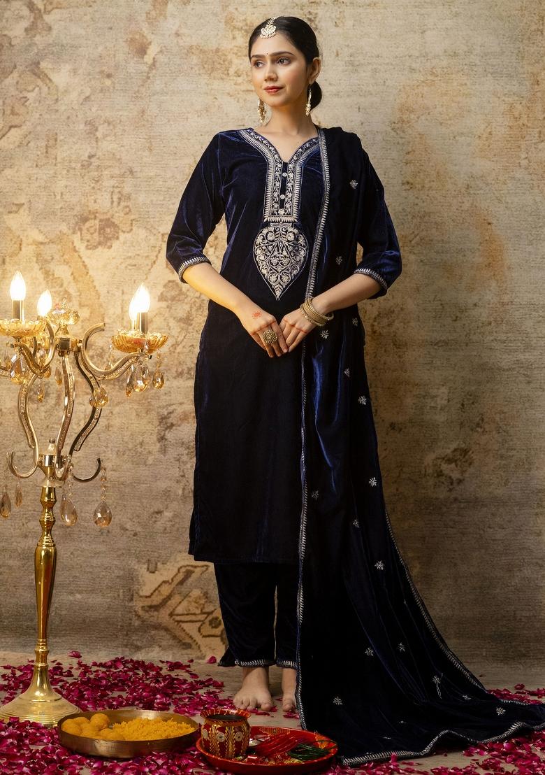 Blue Embroidered Velvet Salwar Kameez