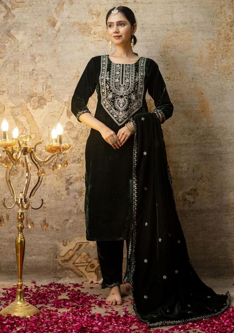 Green Embroidered Velvet Salwar Kameez