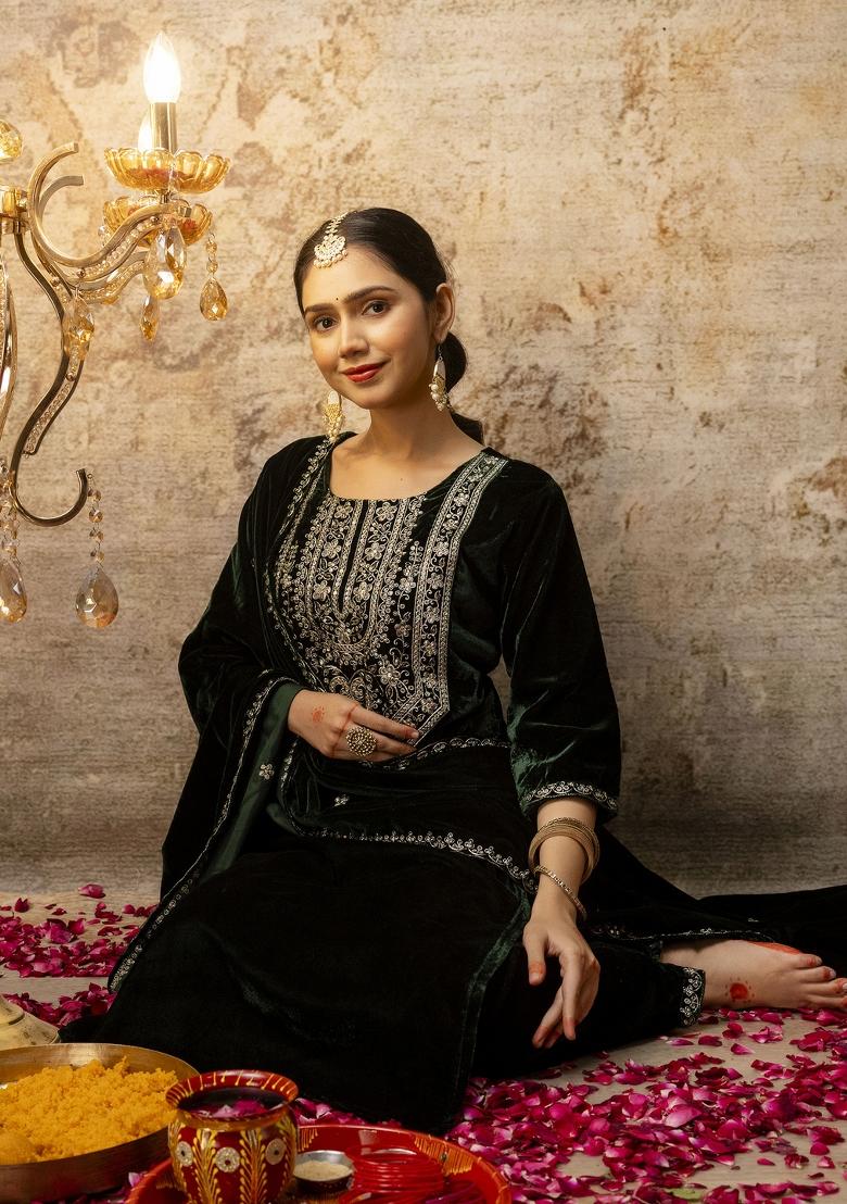 Green Embroidered Velvet Salwar Kameez