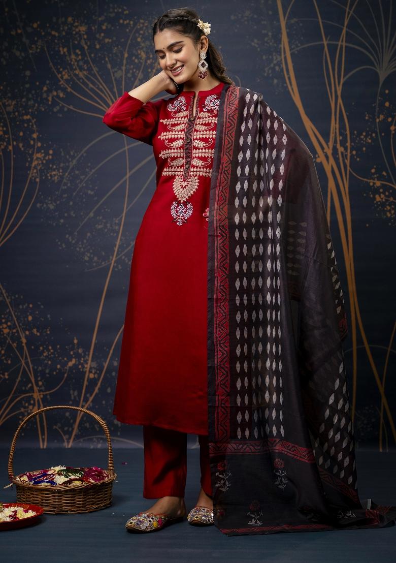 Maroon Embroidered Cotton Salwar Kameez