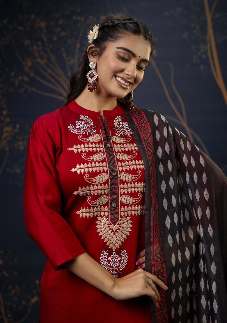 Maroon Embroidered Cotton Salwar Kameez
