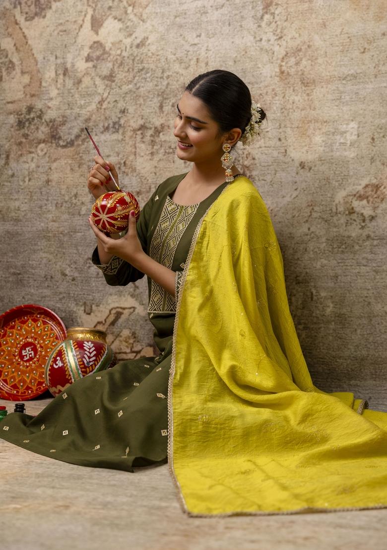 Mehendi Green Embroidered Silk Salwar Kameez