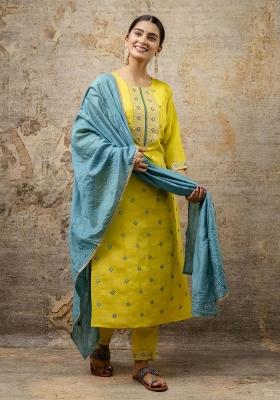 Lemon Yellow Embroidered Silk Salwar Kameez
