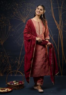 Peach Embroidered Silk Salwar Kameez