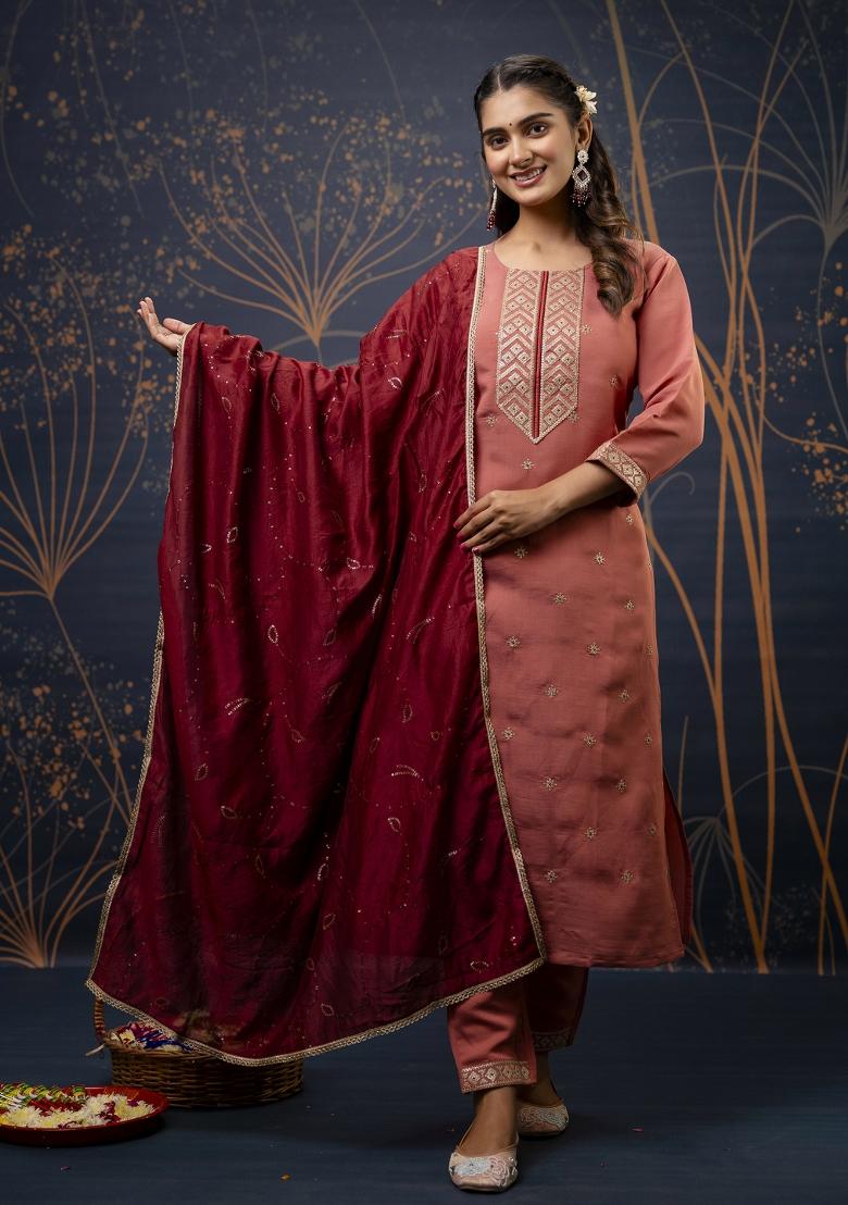 Peach Embroidered Silk Salwar Kameez