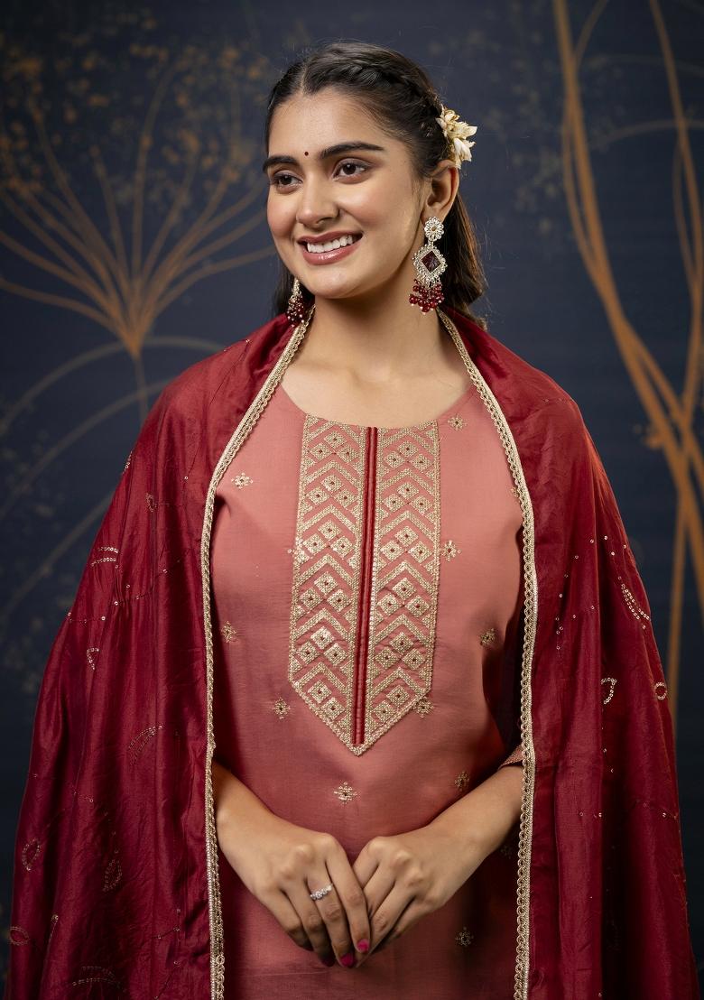 Peach Embroidered Silk Salwar Kameez