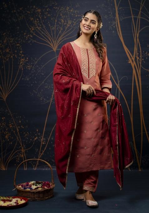 Peach Embroidered Silk Salwar Kameez