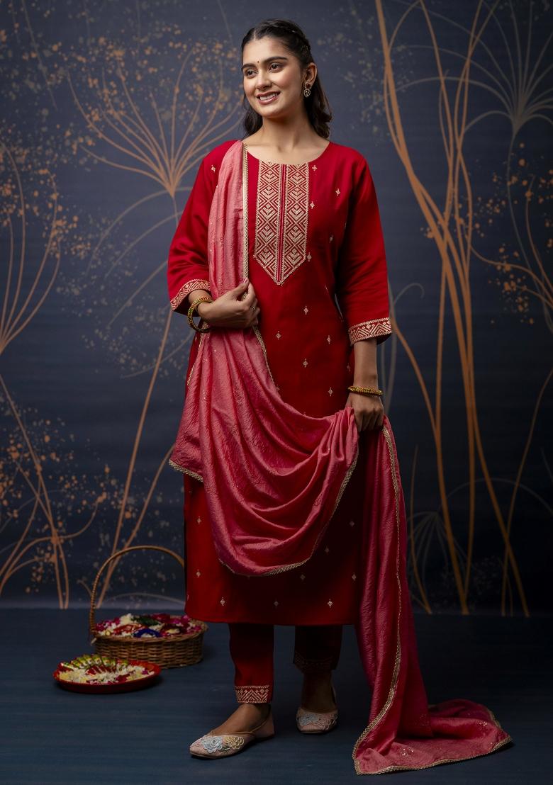 Red Embroidered Silk Salwar Kameez