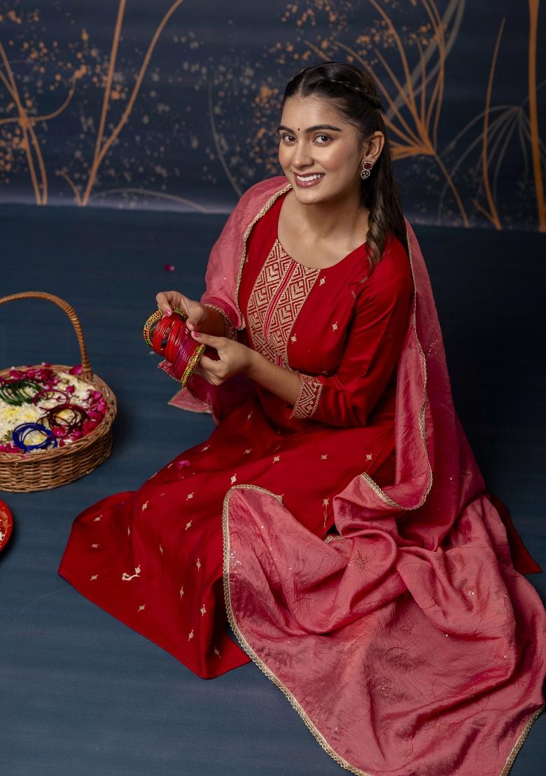 Red Embroidered Silk Salwar Kameez