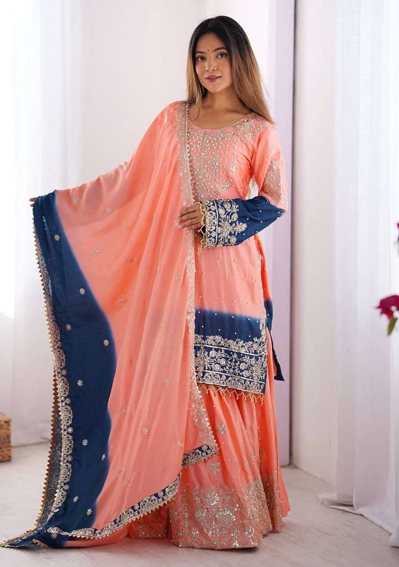 Peach Blue Embroidered Chinon Silk Palazzo Set With Dupatta - Indya