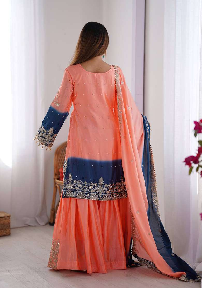 Peach Blue Embroidered Chinon Silk Palazzo Set With Dupatta - Indya