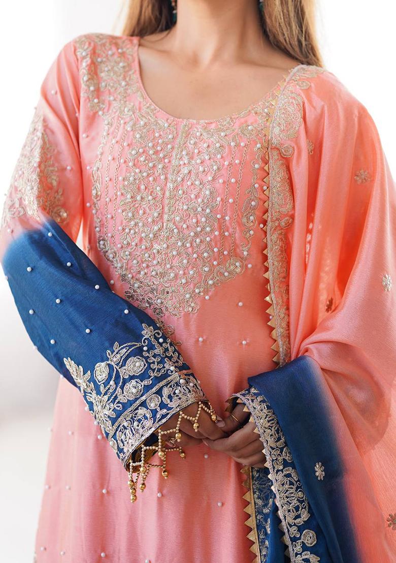 Peach Blue Embroidered Chinon Silk Palazzo Set With Dupatta