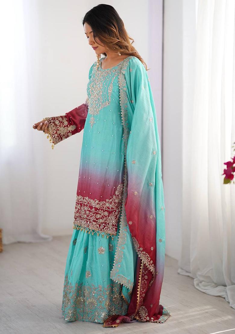 Sky Blue And Red Embroidered Chinon Silk Palazzo Set With Dupatta