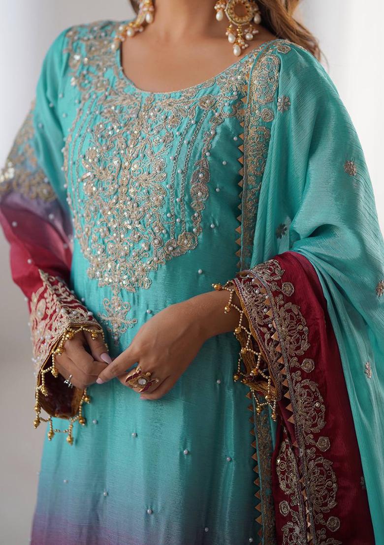 Sky Blue And Red Embroidered Chinon Silk Palazzo Set With Dupatta