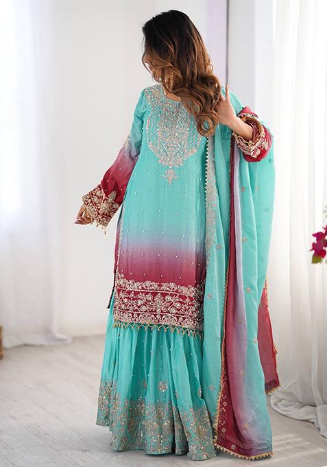 Sky Blue And Red Embroidered Chinon Silk Palazzo Set With Dupatta