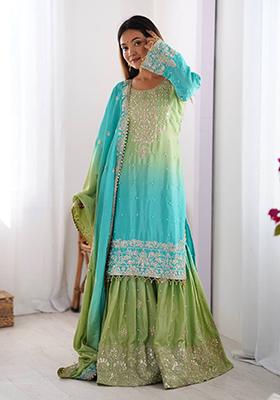 Green And Skyblue Embroidered Chinon Silk Palazzo Set With Dupatta
