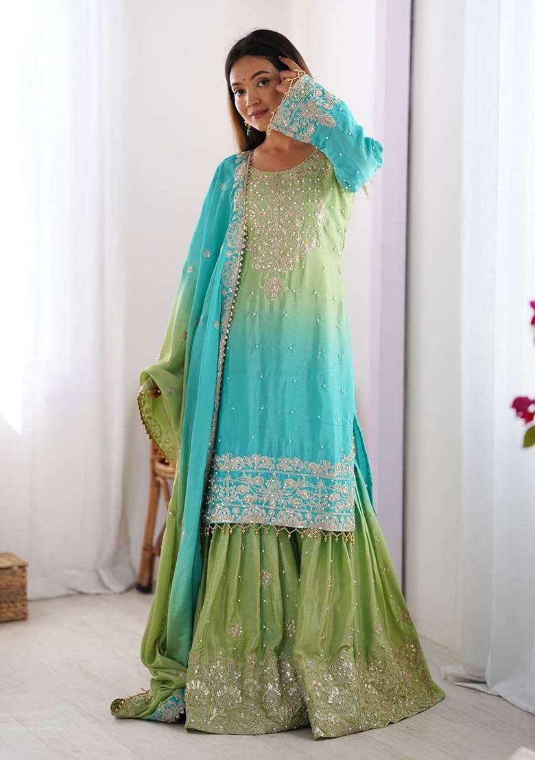 Green And Skyblue Embroidered Chinon Silk Palazzo Set With Dupatta - Indya