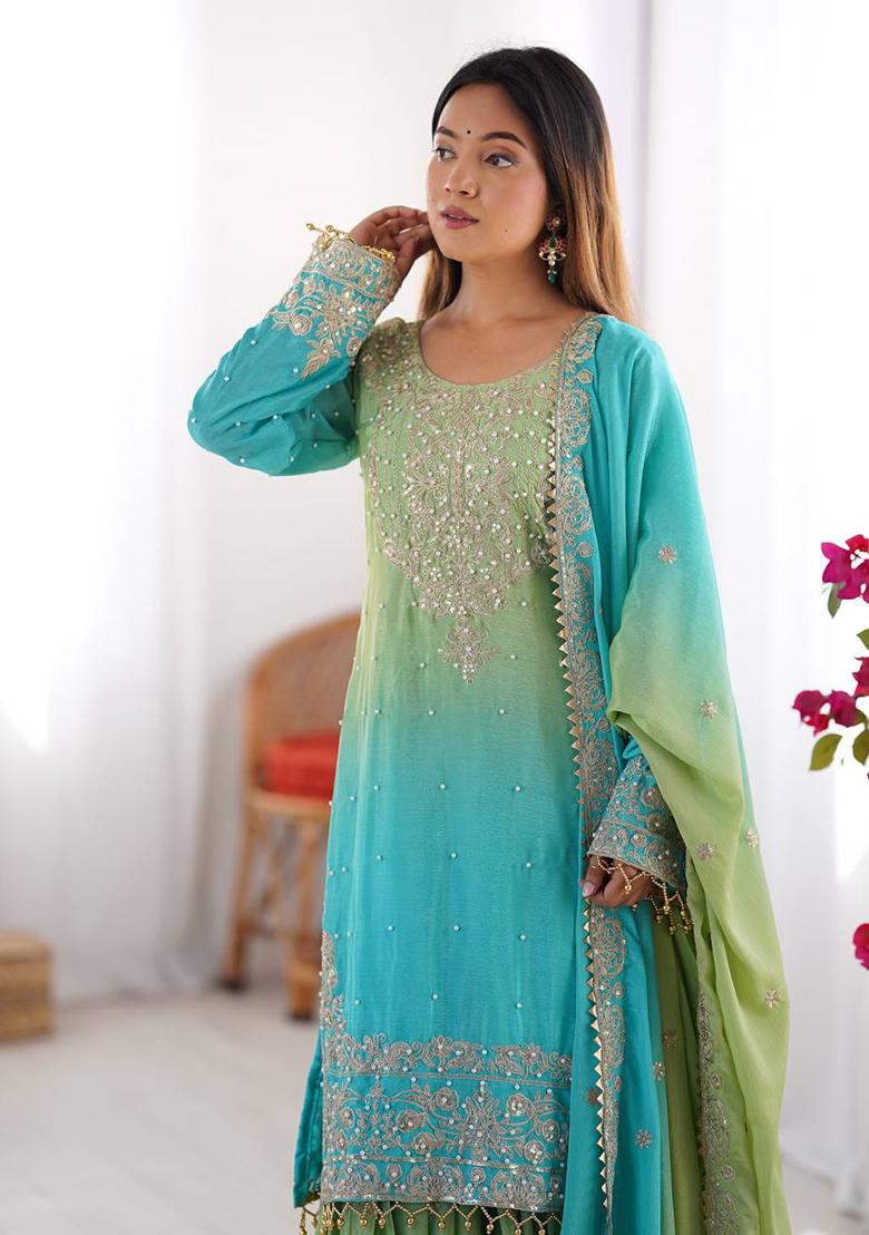 Green And Skyblue Embroidered Chinon Silk Palazzo Set With Dupatta