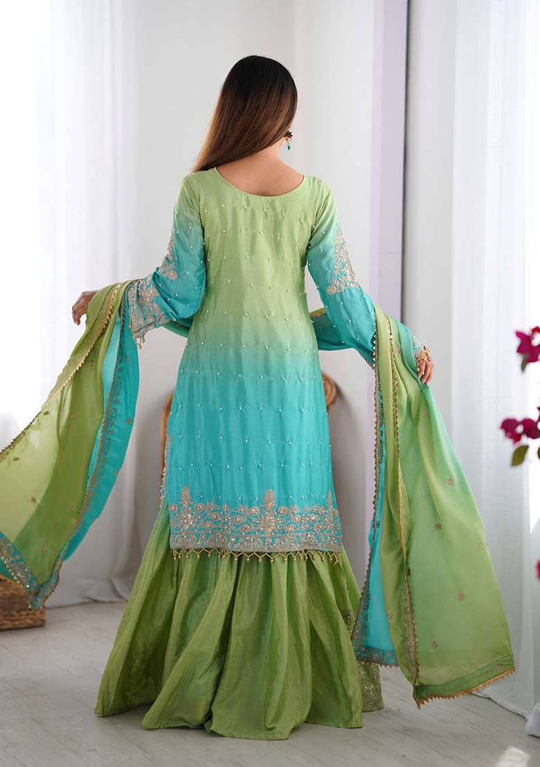 Green And Skyblue Embroidered Chinon Silk Palazzo Set With Dupatta - Indya
