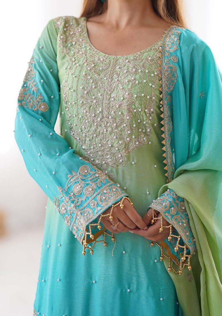 Green And Skyblue Embroidered Chinon Silk Palazzo Set With Dupatta
