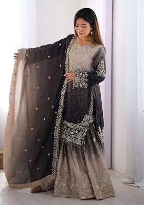 Grey And Black Embroidered Chinon Silk Palazzo Set With Dupatta