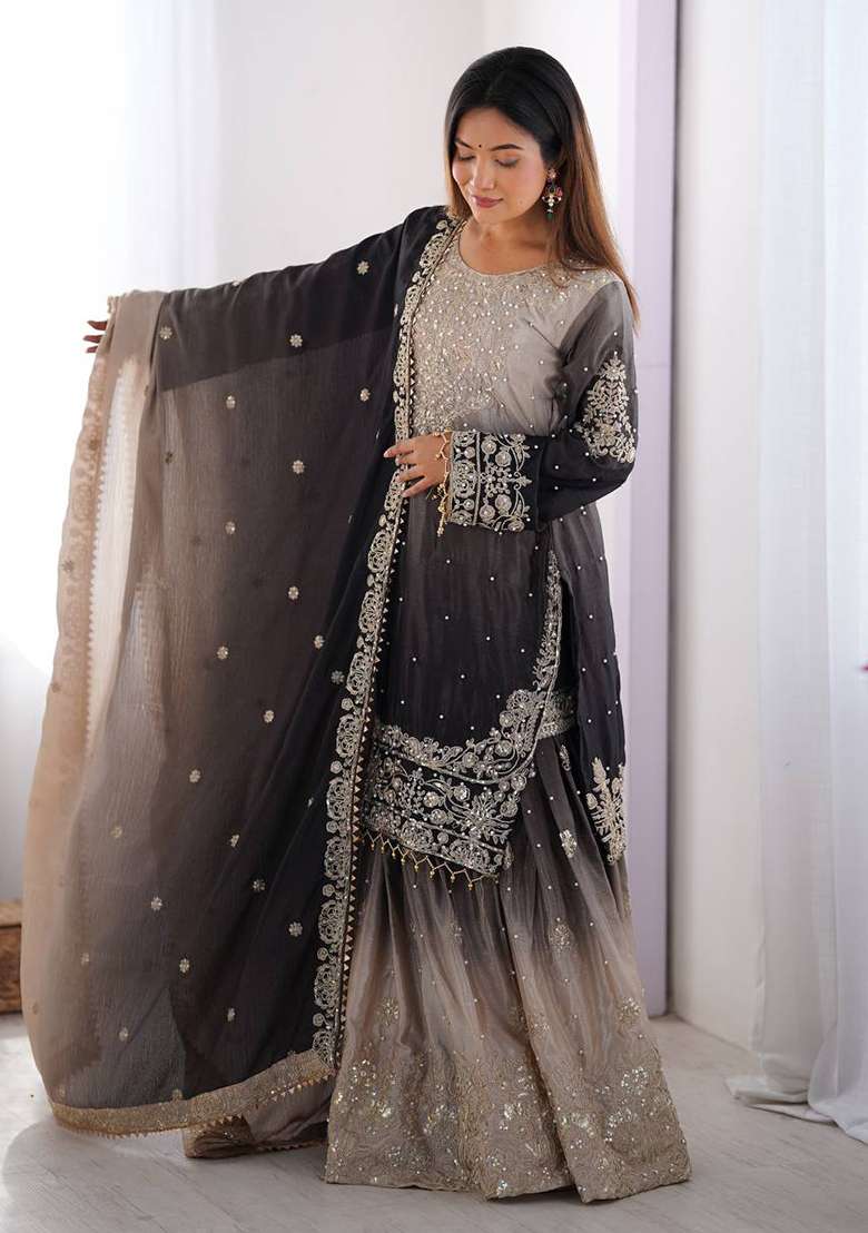 Grey And Black Embroidered Chinon Silk Blend Palazzo Set With Dupatta - Indya