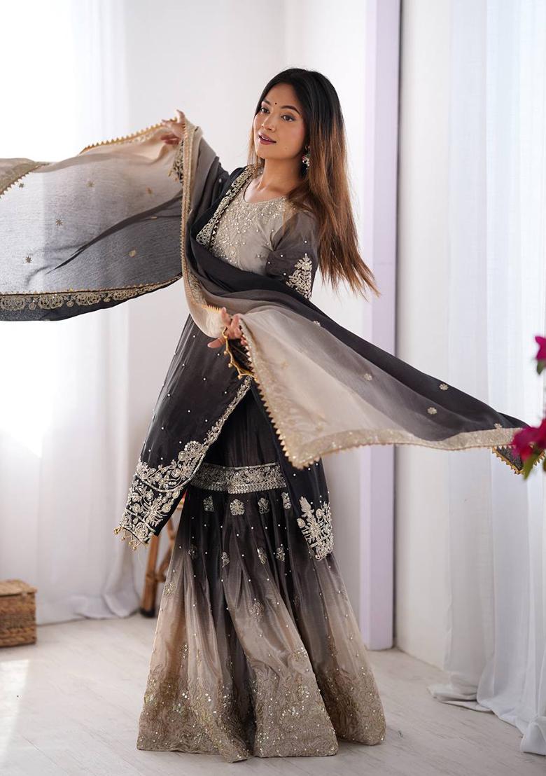 Grey And Black Embroidered Chinon Silk Palazzo Set With Dupatta