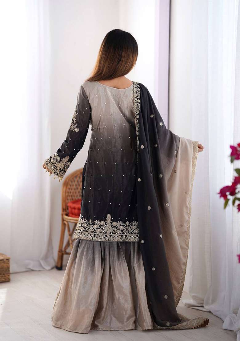 Grey And Black Embroidered Chinon Silk Blend Palazzo Set With Dupatta - Indya