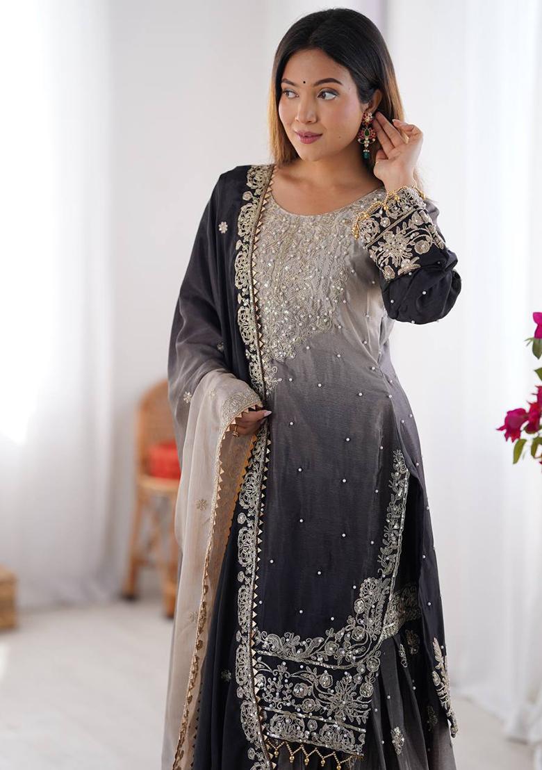 Grey And Black Embroidered Chinon Silk Palazzo Set With Dupatta
