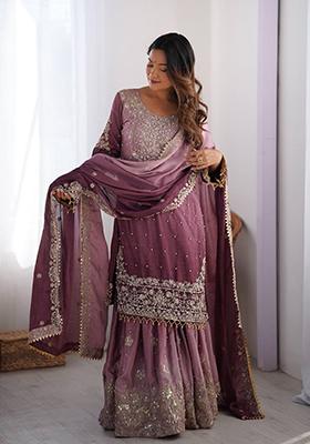 Onion Pink Embroidered Chinon Silk Palazzo Set With Dupatta