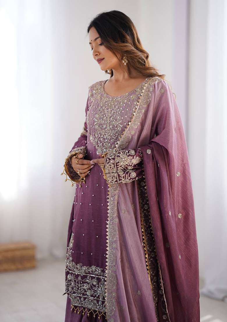 Onion Pink Embroidered Chinon Silk Palazzo Set With Dupatta - Indya