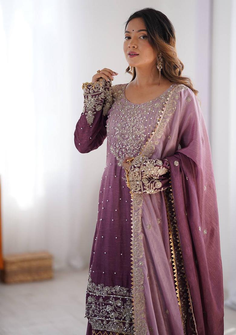 Onion Pink Embroidered Chinon Silk Palazzo Set With Dupatta