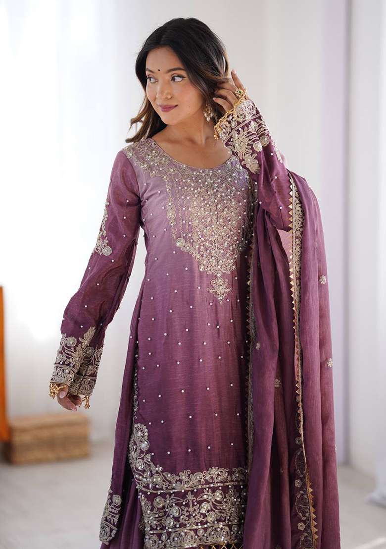 Onion Pink Embroidered Chinon Silk Palazzo Set With Dupatta - Indya