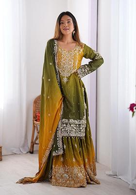 Yellow And Green Embroidered Chinon Silk Palazzo Set With Dupatta