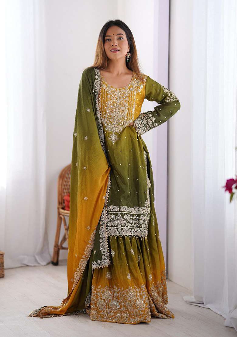 Yellow And Green Embroidered Chinon Silk Palazzo Set With Dupatta - Indya