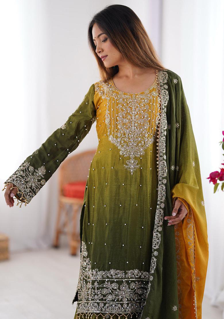 Yellow And Green Embroidered Chinon Silk Palazzo Set With Dupatta