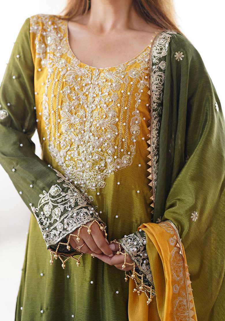 Yellow And Green Embroidered Chinon Silk Palazzo Set With Dupatta - Indya