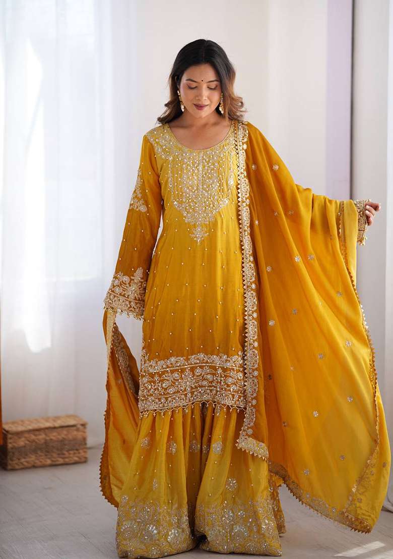 Yellow Embroidered Chinon Silk Palazzo Set With Dupatta - Indya