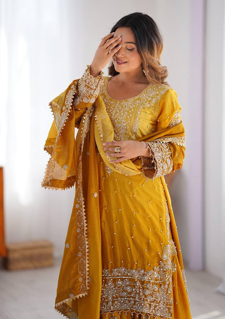 Yellow Embroidered Chinon Silk Palazzo Set With Dupatta